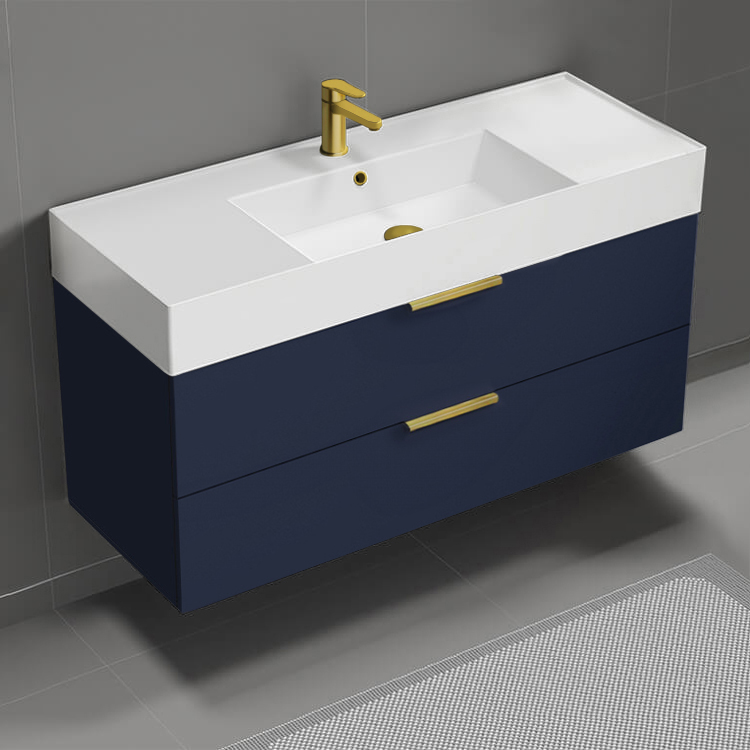 Bathroom Vanity Floating Bathroom Vanity, Modern, Blue, 48 Inch, Gold Handles Nameeks DERIN453